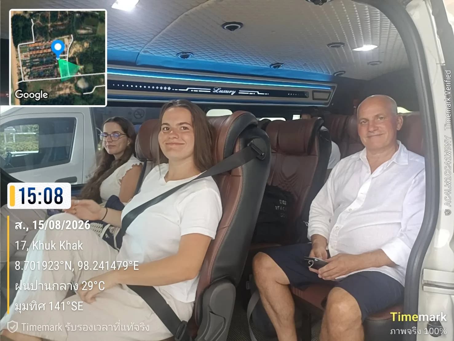 Passengers in the leather seats of an air-conditioned private van on the way to Khao Lak